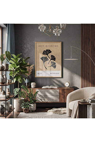 KOLAJTASARIM Tablou minimalist cu ramă din lemn natural Ginkgo bej, pentru ho...