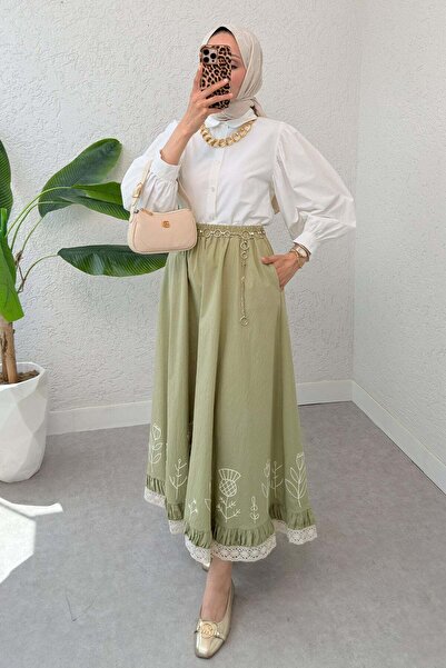 zenne Fisto and Embroidery Detailed Skirt 2329 - Light Khaki