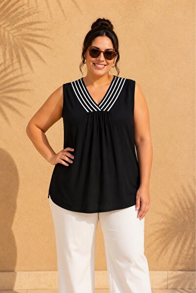 FOR ESRA BIG TREND Women's V-Neck Straw Stripe Look Sleeveless Blouse