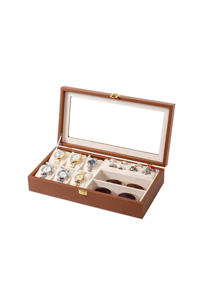 Güner Ofis Multi-Purpose Leather Jewelry, Watch, and Glasses Organizer Box wi...