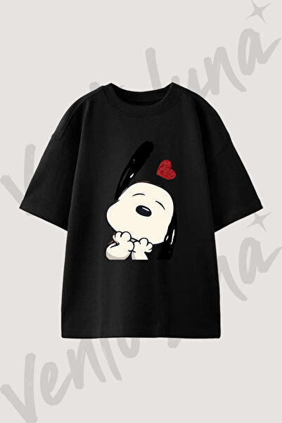 Vento Luna Snoopy Heart Tasarım Baskılı Unisex Oversize Kalıp Siyah Tshirt