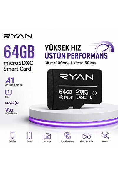 Ryan 64GB Micro SD Hafıza Kartı U3 V30 A1 SDXC 4K Video Destekli Yüksek Hızlı...