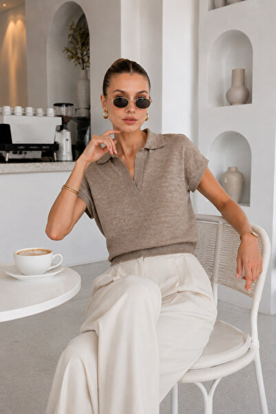 Rich Women's Mink Polo Collar Bat Sleeve 100% Cotton Knitwear Blouse