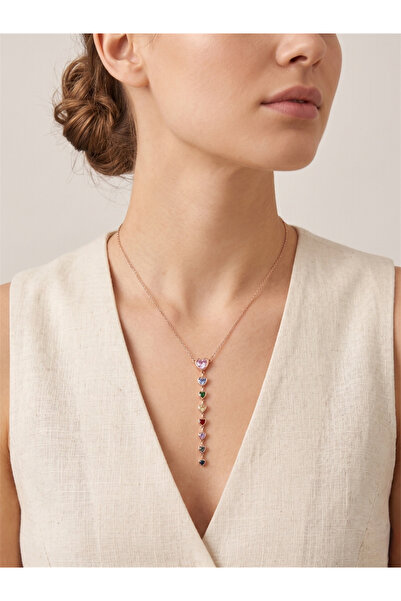 Pelin Aksesuar Colorful Heart Stone Rose Gold Y Necklace