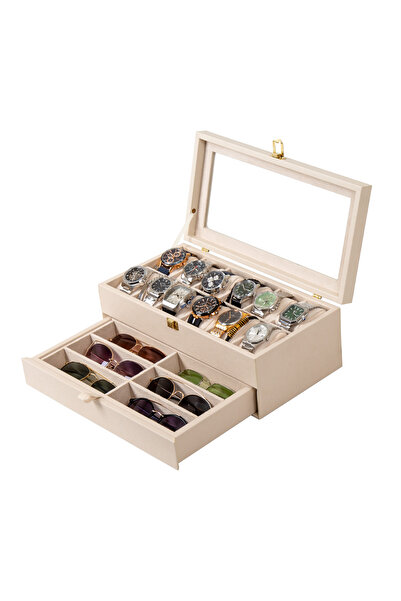 Güner Ofis Leather Organizer Box with Drawers and Glass Lid, with 12 Watch Co...