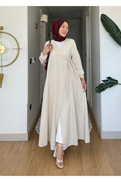 Moda Misali Anvelop Yan Bağlamalı Keten Kimono Elbise