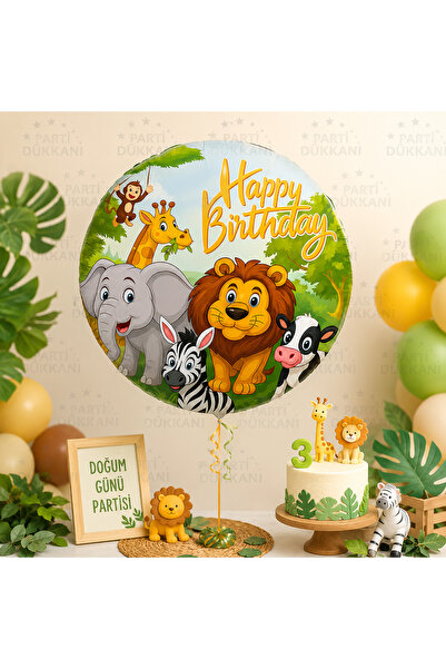 Parti Dükkanı Safari Animals Happy Birthday Foil Balloon 18 Inch 36 cm Double...