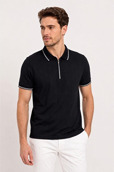CLASSİCS MEN Ανδρικό μπλουζάκι Troy Slim Fit με λαιμόκοψη πόλο και κοντά μανί...