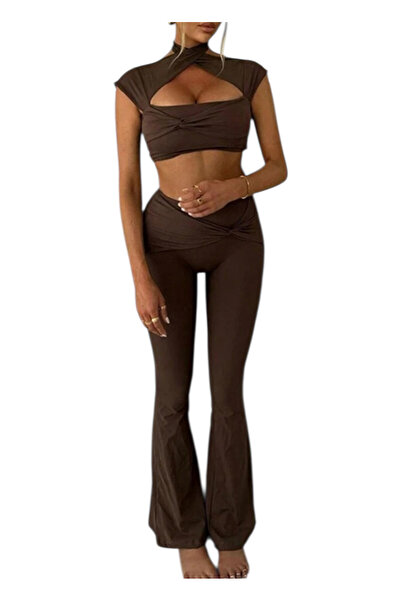 OEM Compleu dama, maro, elastic, bluză cu mânecă lungă, pantaloni lungi, S