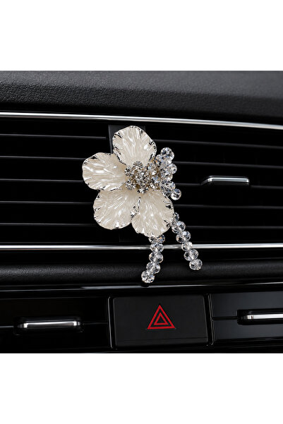 Çiçek Antalya Silver White Flower with Pearl Crystal Pendant Car Interior Air...