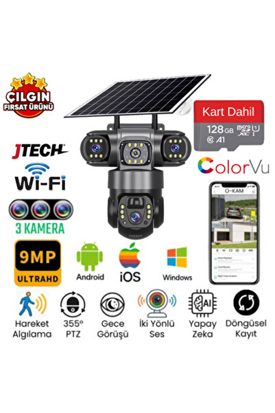 O-KAM 6040 (3mp+3mp+3mp) 9MP Wi-fi Destekli 1xSolar Panelli 3 Kameralı 1 PTZ Akıllı Kamera