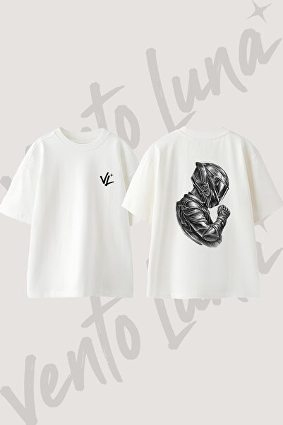 Vento Luna Motorcu Zirhi Tasarım Sırt Baskılı Pamuk Beyaz Oversize T-shirt