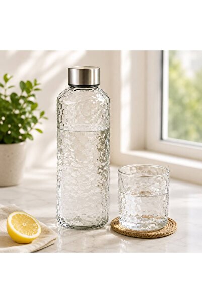 CİHO Cam Sürahi Şişe 1000 ml 1 Litre Damla Desenli Çevirmeli Kapaklı Sürahi K...