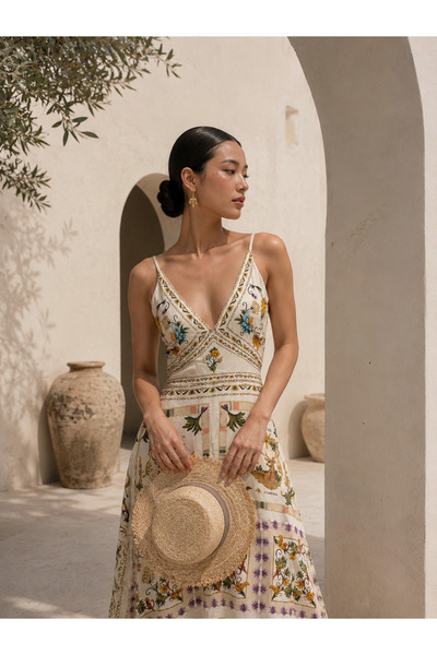 laviyonsa Imported Retro Silk-Blend Cotton Dress with Bow and Straps on the Back