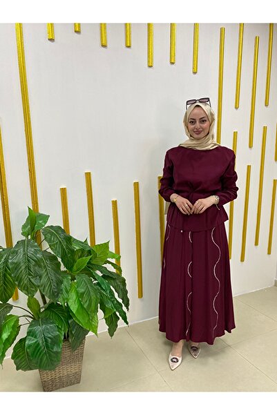 Karadağ Bordo Taş Detaylı Tesettür Takım Kadın İkili Takım Uzun Etekli Şık Ab...