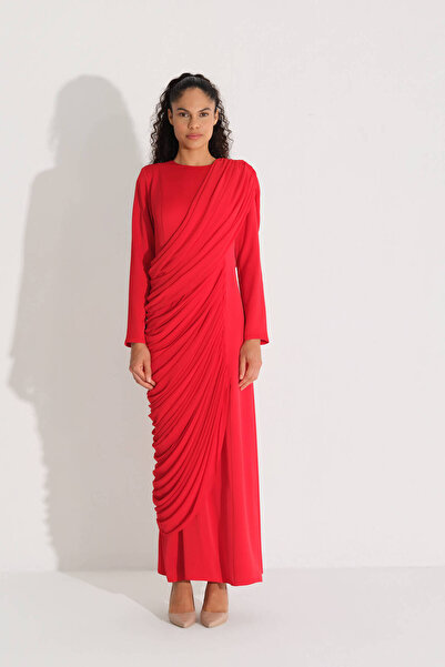 miha Hicran Önal Red Crepe Dress with Ruched Side Details