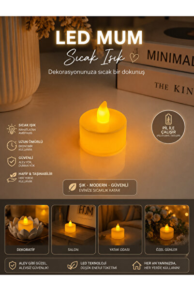 zulya LED Tealight Mum Pilli Dekoratif LED Mum Yapay Mum Sıcak Sarı Işık Ev D...