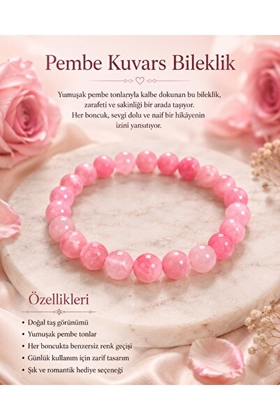 Liacharm Tasarım El Yapımı Doğal Taş Pembe Gül Kuvars Kadın Bileklik(8mm)