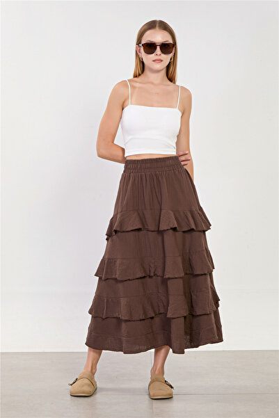 BARRELS AND OIL Women's Elastic Waist Ruffled Long Skirt - Bitter Brown