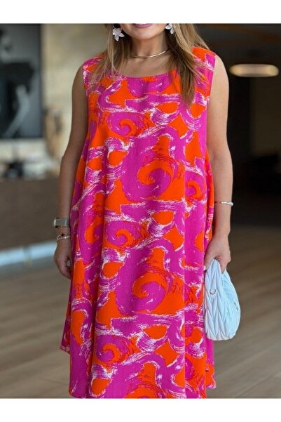 MİRVE BUTİK Asymmetric Cut, Patterned, Sleeveless Dress