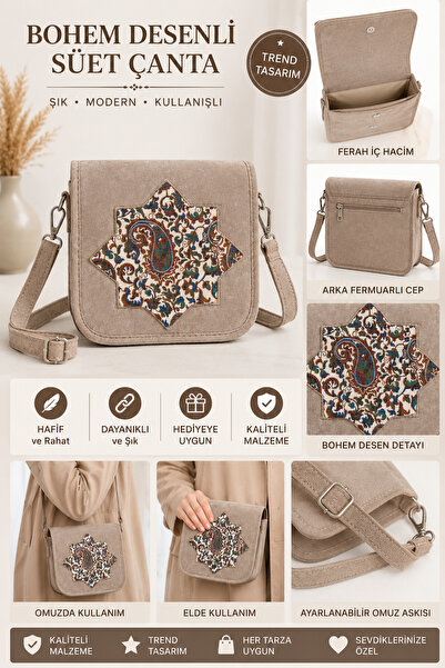 Genel Markalar Bohem Desenli Süet Omuz Çantası