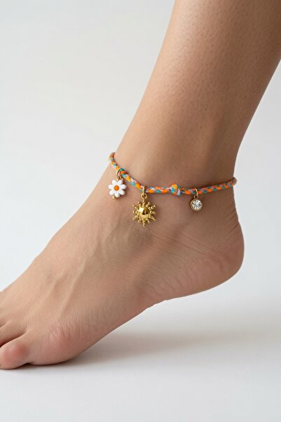 LYKOS Steel Anklet with Braided Cord and Sun and Flower Figures - Bohemian Be...