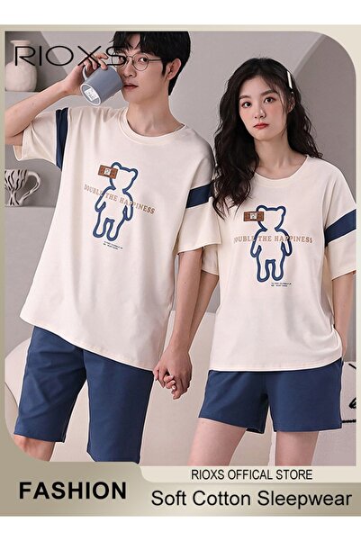 RIOXS Couples Matching 2 Pieces Short Sleeve Pajamas Soft Cotton Sleepwear Bu...