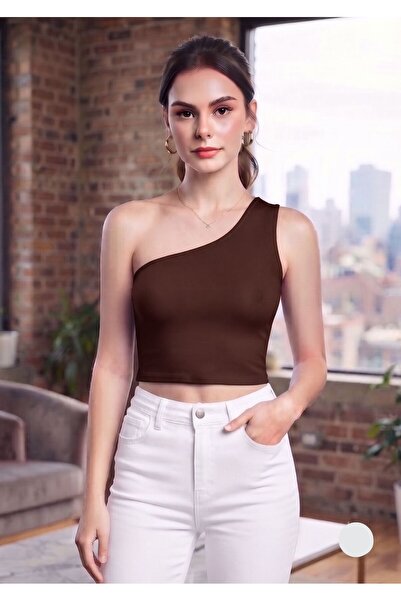 WAYS Women's Brown One-Shoulder Diver Bustier Crop Top Flexible and Stylish D...