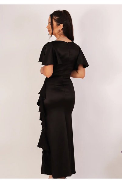 Moze Rochie elegantă lungă din tafta cu volane laterale și mâneci fluture