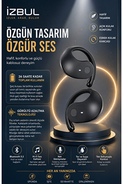 Açık Kulak Bluetooth 5.3 Kablosuz Kulaklık | 36 Saat Pil | Gürültü Azaltma | Hi-Fi Ses | HD Mikrofon | Spor ve Günlük Kullanım
