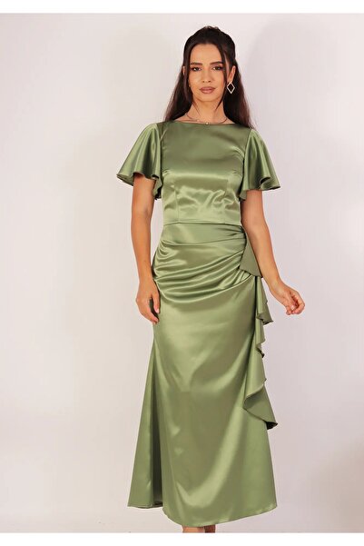 Moze Rochie elegantă lungă din tafta cu volane laterale și mâneci fluture