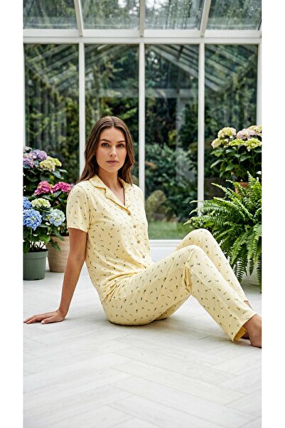 LANA HOMEWEAR KADIN SARI LİMON BASKILI ÖNDEN DÜĞMELİ BEBE YAKA MİLAN KUMAŞ YU...