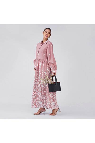 LINELLE Olive Green Floral Shirt Collar Casual Dress