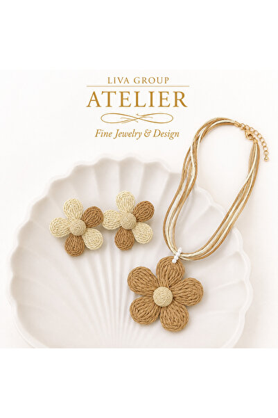 Liva Group Atelier Colorful Natural Wicker Textured Daisy Model Earrings & Ne...