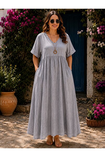 ASSO Plus Size Women's V-Neck Loose Long Dress with Pockets Summer Dress