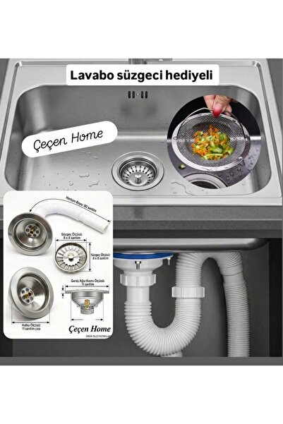 ÇEÇEN HOME Paslanmaz Çelik Evye Lavabo Süzgeci Seti Akordiyon Esnek Basmalı K...