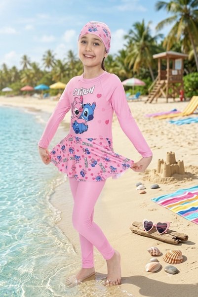 DeKuBaby Cute Character Patterned, Skirt Detailed, Long Leggings, Boneli Girls' Swimsuit Set