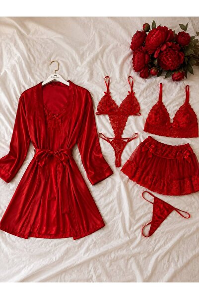 cdh çeyize dair herşey Red Bride 6’lı Kırmızı Saten Gecelik Takımı Dantelli S...