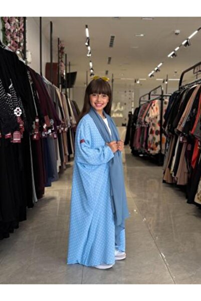 dar laha abaya D 5108 - عباءة أطفال من قماش الشيفون المنقط - أزرق سماوي