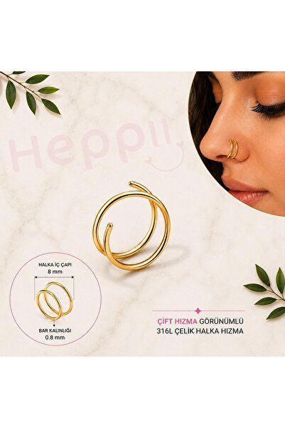 Heppii 316L Cerrahi Çelik Çift Hızma Görünümlü 8 mm Çelik Halka Burun Piercin...