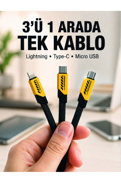 Lisinya 3'lü Şarj Kablosu Hızlı Şarj Destekli Dayanıklı Örgü USB Kablo -