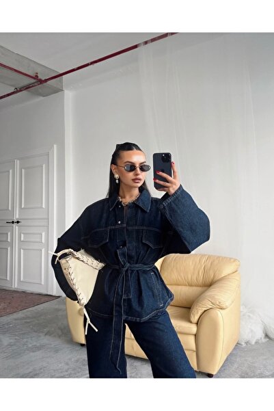 ginger love Women's Dark Blue Denim Shirt and Wide-Leg Pants Set with Belt, 2...