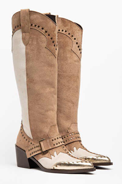 DENORA Beige Mink Gold Matte Suede Trok Staple Detail Western Cowboy Boots