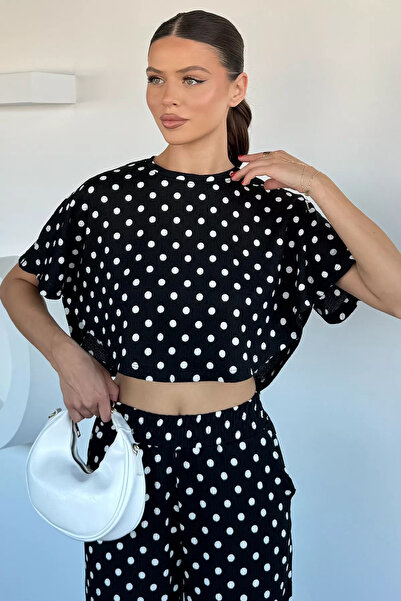 Aryena Black Women's Crew Neck Polka Dot Bat Sleeve Blouse