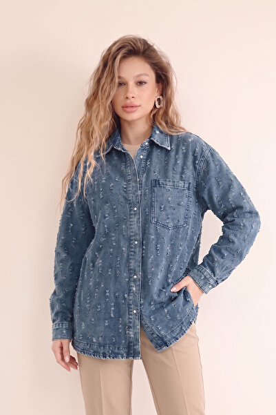 Suede Style 5563 - Άνετο και κομψό γυναικείο τζιν μπουφάν με χειροποίητη διακ...