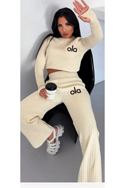 modazaralife Sports Top and Bottom Set with Embroidery, Ecru Color.