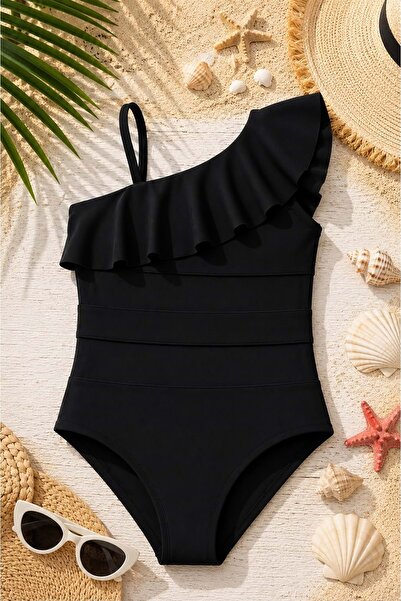 Lolliboomkids Girl's Ruffle Collar Off-Shoulder Tulle Swimsuit with Ribbon De...