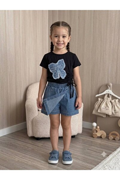 Efemkids Bottom Top Girl's Set T-Shirt+Skirt Shorts Children's Set Stone Ribb...