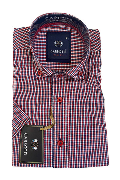 OEM Camasa barbati, rosu cu bleumarin in patratele, cu maneca scurta, bumbac-...