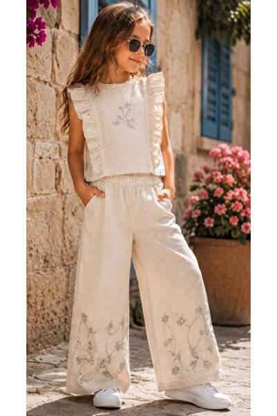 Lolliboomkids Girl's Beige Linen Effect Textured Bead Embroidered Blouse and ...